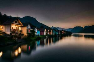 uma linha do casas em a costa do uma lago às crepúsculo. gerado por IA foto