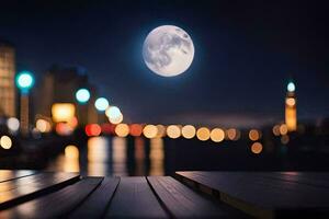 uma cheio lua sobre a cidade às noite. gerado por IA foto