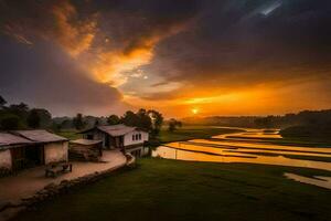 a Sol conjuntos sobre uma arroz campo e uma casa. gerado por IA foto