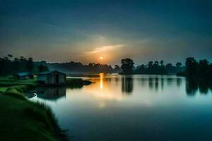 a Sol sobe sobre uma lago dentro a manhã. gerado por IA foto