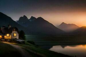 uma casa senta em a lado do uma montanha com uma lago dentro a fundo. gerado por IA foto