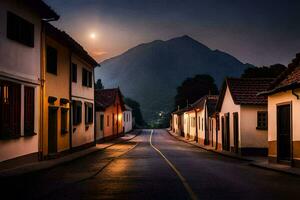 uma rua dentro a montanhas com uma cheio lua. gerado por IA foto