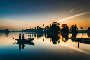 dois pessoas dentro uma barco em uma lago às pôr do sol. gerado por IA foto