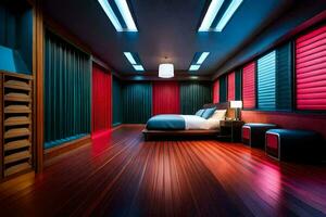 uma quarto com vermelho e azul cortinas. gerado por IA foto