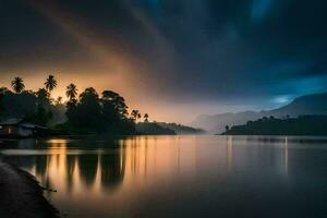 uma lago dentro a meio do uma floresta às pôr do sol. gerado por IA foto