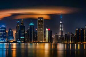 a cidade Horizonte às noite com uma grandes exposição. gerado por IA foto