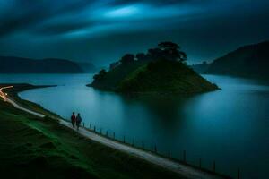 uma casal anda em ao longo uma caminho dentro frente do uma lago às noite. gerado por IA foto