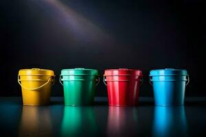 cinco colorida baldes em uma Sombrio fundo. gerado por IA foto