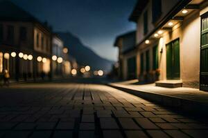 uma rua às noite com luzes em a edifícios. gerado por IA foto