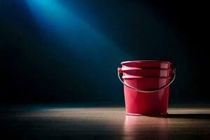 uma vermelho balde em uma Sombrio chão. gerado por IA foto