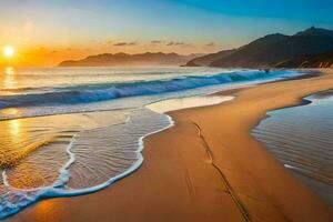 a Sol conjuntos sobre uma de praia com ondas e montanhas. gerado por IA foto