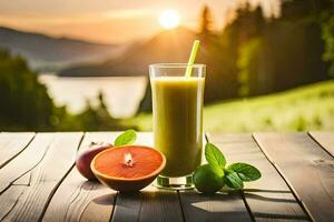 uma vidro do suco com a laranja e uma fatia do Toranja em uma mesa. gerado por IA foto