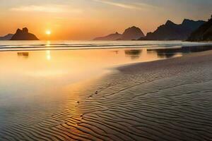 a Sol conjuntos sobre a oceano às a de praia. gerado por IA foto