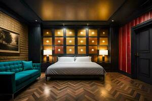 uma hotel quarto com uma cama, sofá e uma parede do vermelho e azul. gerado por IA foto