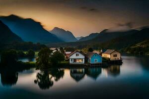 uma lago e casas dentro a montanhas às pôr do sol. gerado por IA foto