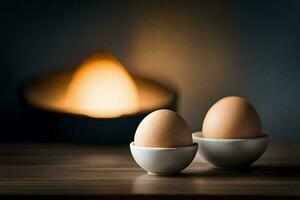 dois ovos dentro branco taças em uma mesa. gerado por IA foto