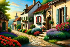 uma pintura do uma rua com flores e casas. gerado por IA foto