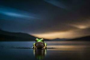 uma rã sentado em a Beira do uma lago às noite. gerado por IA foto