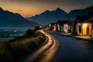 uma estrada dentro a montanhas às crepúsculo. gerado por IA foto