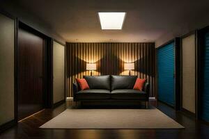 uma quarto com uma sofá e uma parede com azul persianas. gerado por IA foto