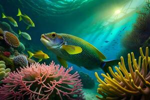 peixe natação dentro a oceano com coral e anêmonas. gerado por IA foto