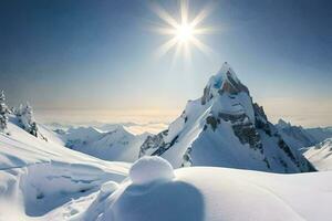 neve coberto montanhas com a Sol brilhando acima. gerado por IA foto