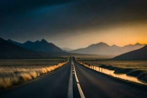 uma grandes estrada com montanhas dentro a fundo. gerado por IA foto