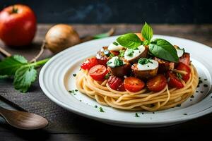 espaguete com almôndegas e tomates em uma branco placa. gerado por IA foto