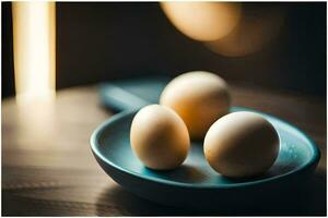 três ovos dentro uma azul tigela em uma mesa. gerado por IA foto
