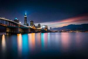 a cidade Horizonte às noite com uma ponte sobre água. gerado por IA foto