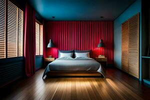 uma quarto com uma vermelho e azul listrado muro. gerado por IA foto