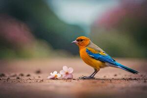 uma pequeno pássaro com azul e laranja penas em pé em a chão. gerado por IA foto