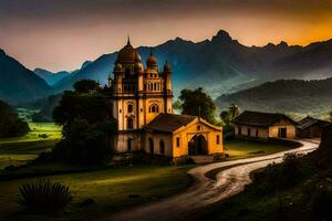 uma Igreja dentro a montanhas às pôr do sol. gerado por IA foto