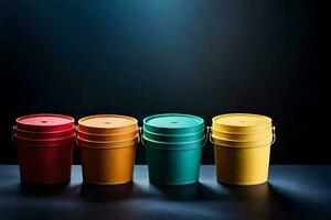 quatro colorida baldes em uma Sombrio fundo. gerado por IA foto