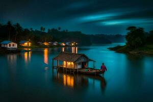 foto papel de parede a céu, água, barco, casa, noite, casa, a noite, o. gerado por IA