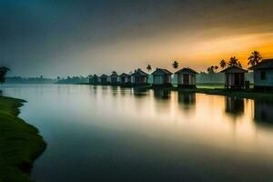 uma linha do cabanas em a Beira do uma lago às pôr do sol. gerado por IA foto