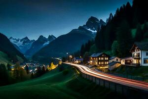 uma estrada dentro a montanhas às noite. gerado por IA foto