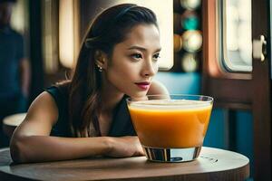 uma mulher sentado às uma mesa com a laranja suco. gerado por IA foto