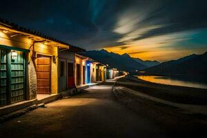 uma linha do colorida casas em a lado do uma estrada às noite. gerado por IA foto