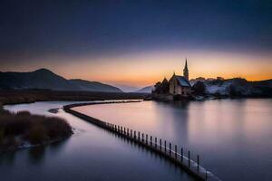 uma Igreja senta em a costa do lago sangrar às pôr do sol. gerado por IA foto