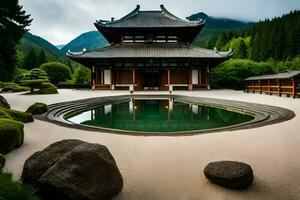 uma japonês estilo construção com uma lagoa dentro a meio. gerado por IA foto