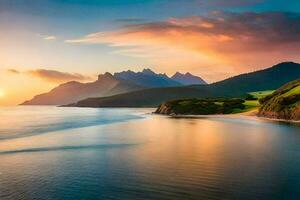 a Sol conjuntos sobre uma lindo montanha alcance e oceano. gerado por IA foto