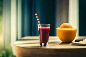 uma vidro do suco com uma Palha e a laranja. gerado por IA foto