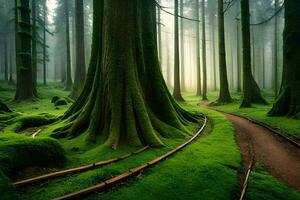 uma floresta com uma caminho através isto e árvores gerado por IA foto