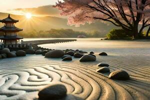 a Sol sobe sobre uma lagoa com pedras e uma pagode. gerado por IA foto