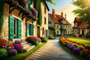 uma rua com flores e casas dentro a fundo. gerado por IA foto