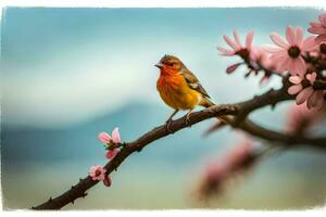 uma pássaro empoleirado em uma ramo com Rosa flores gerado por IA foto