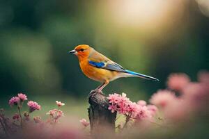 uma pequeno pássaro é empoleirado em uma ramo dentro frente do Rosa flores gerado por IA foto