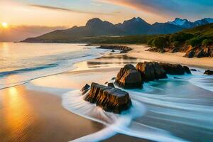 uma lindo de praia com ondas falhando contra pedras. gerado por IA foto