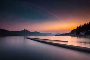 uma grandes exposição fotografia do uma barco em uma lago às pôr do sol. gerado por IA foto